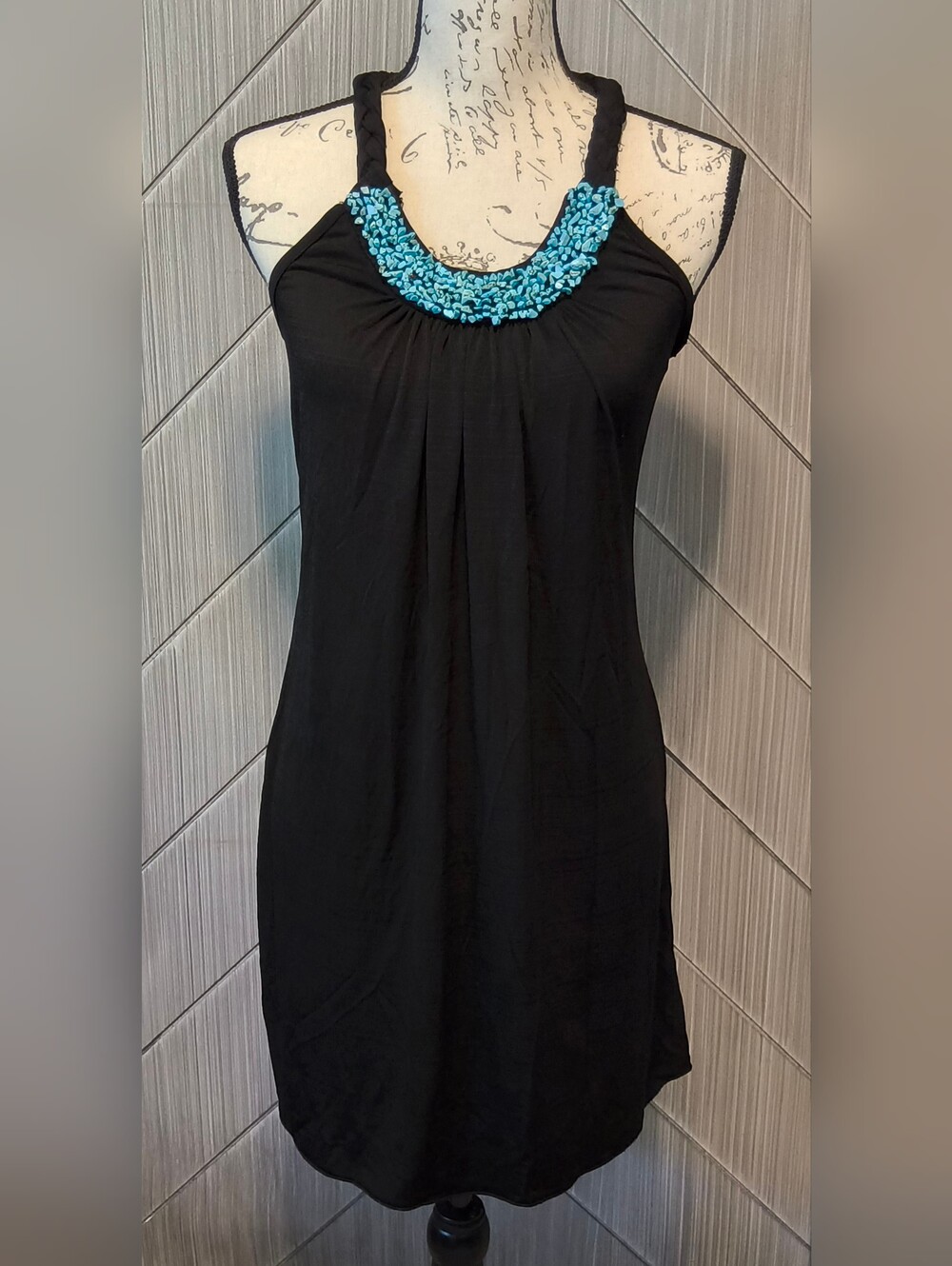 A. Byer M Black Dress Turquoise Beaded Neckline Braided Racerback Boho Party